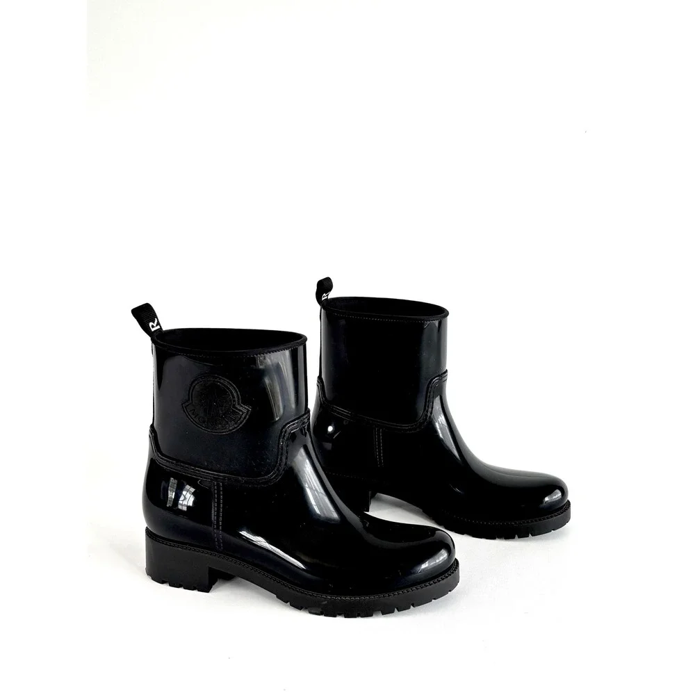 Moncler Loftgrip Black Glossy Rain Boots Lug Sole Ankle Booties Size 40